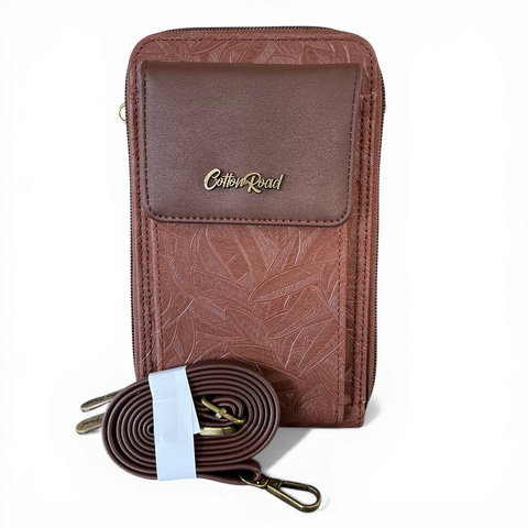 Cotton Road Sling Bag: BROWN PU Leather Cellphone Mini Sling with LEAF Design