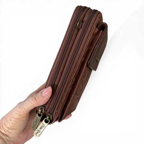 Cotton Road Sling Bag: BROWN PU Leather Cellphone Mini Sling with LEAF Design