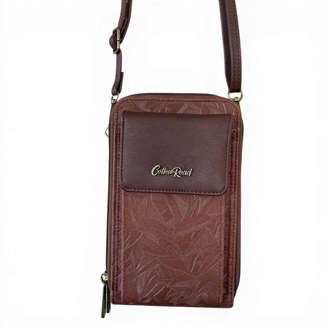 Cotton Road Sling Bag: BROWN PU Leather Cellphone Mini Sling with LEAF Design
