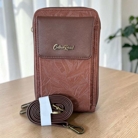 Cotton Road Sling Bag: BROWN PU Leather Cellphone Mini Sling with LEAF Design
