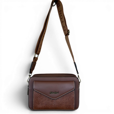 Cotton Road Sling Bag: BROWN PU Leather Crossbody with EMBOSSED Design