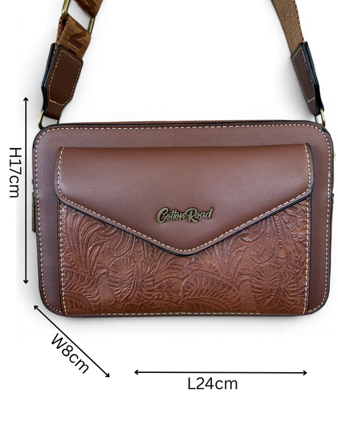 Cotton Road Sling Bag: BROWN PU Leather Crossbody with EMBOSSED Design