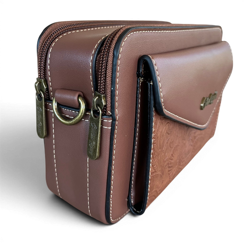 Cotton Road Sling Bag: BROWN PU Leather Crossbody with EMBOSSED Design