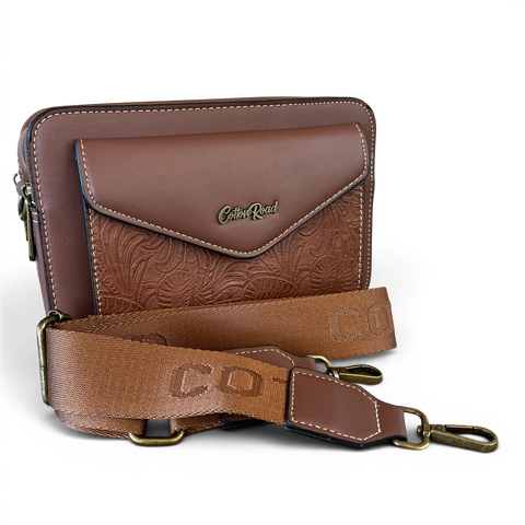 Cotton Road Sling Bag: BROWN PU Leather Crossbody with EMBOSSED Design