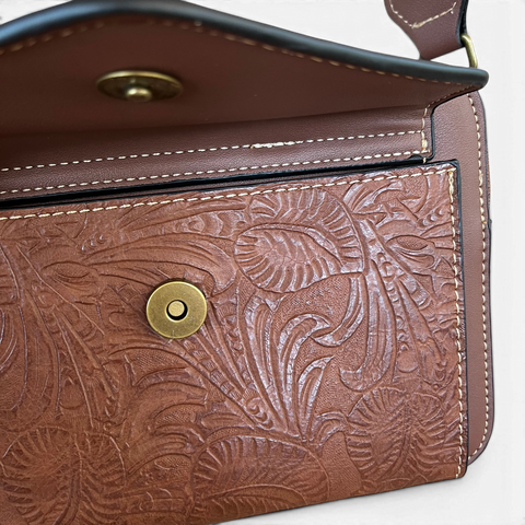 Cotton Road Sling Bag: BROWN PU Leather Crossbody with EMBOSSED Design