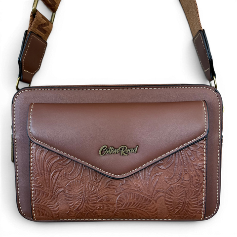 Cotton Road Sling Bag: BROWN PU Leather Crossbody with EMBOSSED Design
