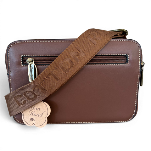 Cotton Road Sling Bag: BROWN PU Leather Crossbody with EMBOSSED Design