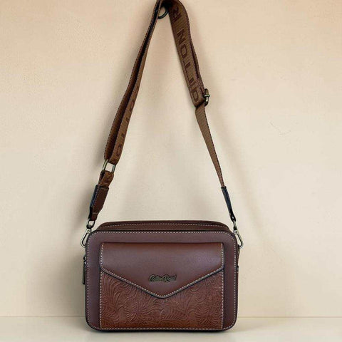 Cotton Road Sling Bag: BROWN PU Leather Crossbody with EMBOSSED Design