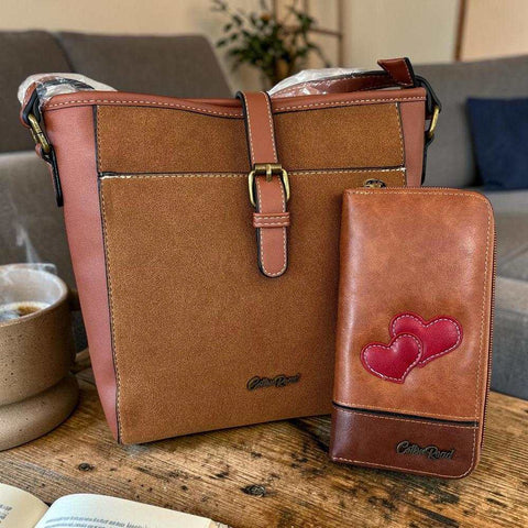 Cotton Road Sling Bag: BROWN PU Leather Crossbody with Hearts Design Wallet