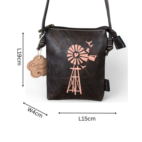 Cotton Road Sling Bag: BROWN PU Leather Mini Sling Bag with WINDMILL