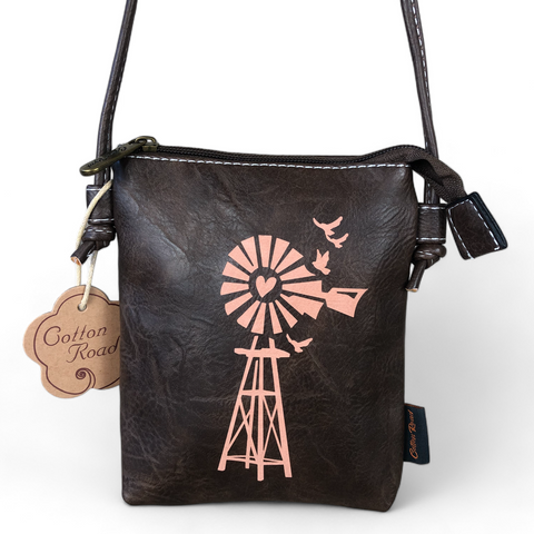 Cotton Road Sling Bag: BROWN PU Leather Mini Sling Bag with WINDMILL