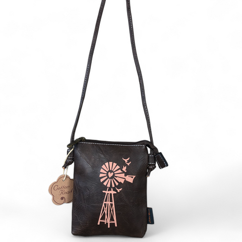 Cotton Road Sling Bag: BROWN PU Leather Mini Sling Bag with WINDMILL