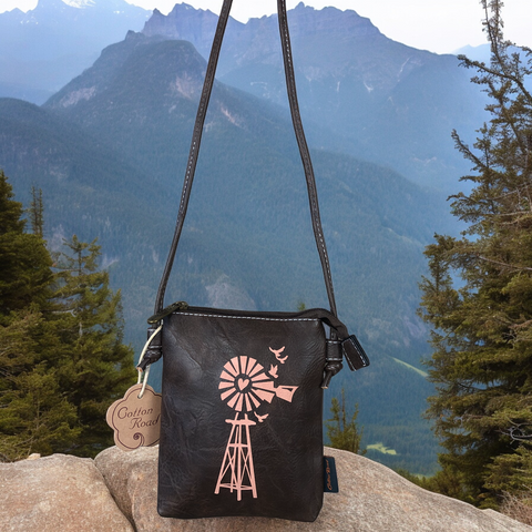 Cotton Road Sling Bag: BROWN PU Leather Mini Sling Bag with WINDMILL