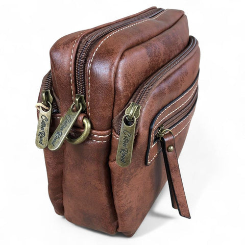 Cotton Road Sling Bag: BROWN PU Leather Sling Bag