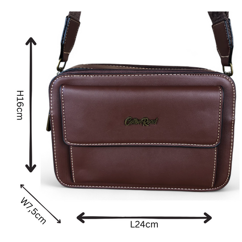 Cotton Road Sling Bag: BROWN PU Leather Sling Bag with BRANDED STRAP