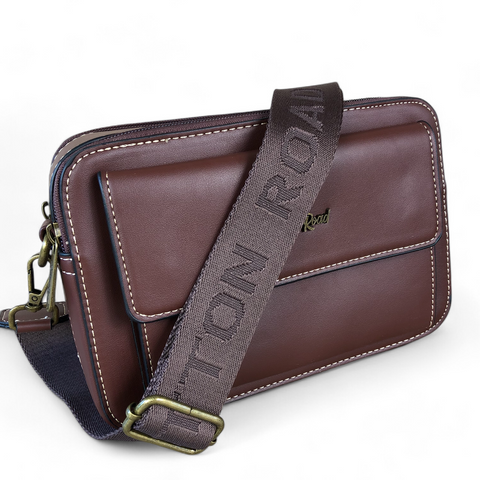 Cotton Road Sling Bag: BROWN PU Leather Sling Bag with BRANDED STRAP