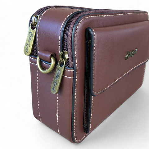 Cotton Road Sling Bag: BROWN PU Leather Sling Bag with BRANDED STRAP