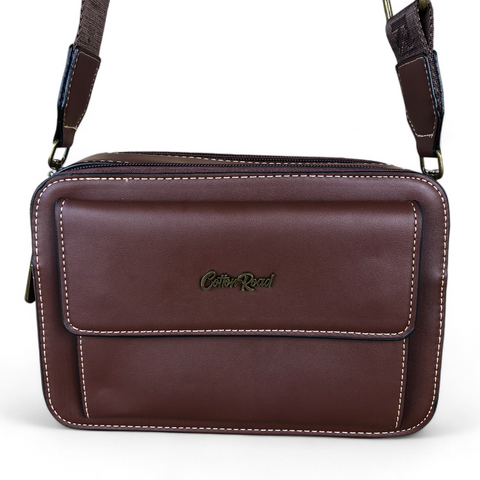 Cotton Road Sling Bag: BROWN PU Leather Sling Bag with BRANDED STRAP
