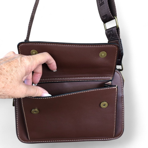 Cotton Road Sling Bag: BROWN PU Leather Sling Bag with BRANDED STRAP
