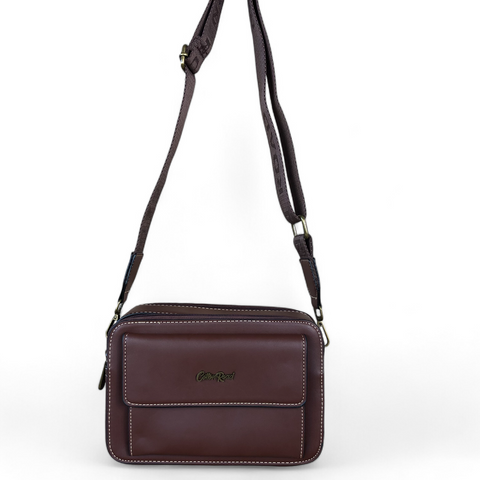 Cotton Road Sling Bag: BROWN PU Leather Sling Bag with BRANDED STRAP