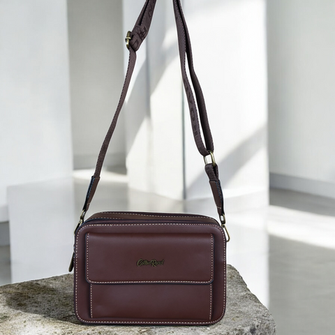 Cotton Road Sling Bag: BROWN PU Leather Sling Bag with BRANDED STRAP