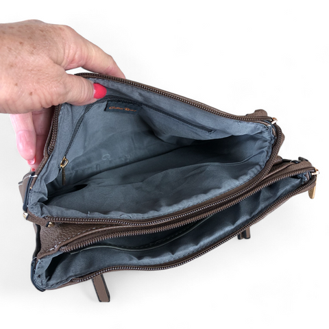 Cotton Road Sling Bag: BROWN PU Leather Sling Bag with BRANDED Strap