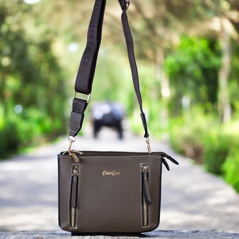 Cotton Road Sling Bag: BROWN PU Leather Sling Bag with BRANDED Strap