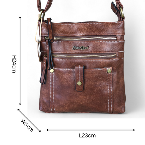 Cotton Road Sling Bag: BROWN PU Leather Sling Bag with Metal Zips
