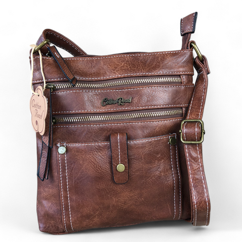 Cotton Road Sling Bag: BROWN PU Leather Sling Bag with Metal Zips