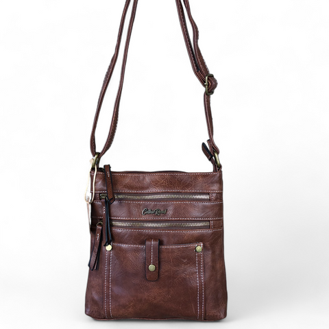 Cotton Road Sling Bag: BROWN PU Leather Sling Bag with Metal Zips