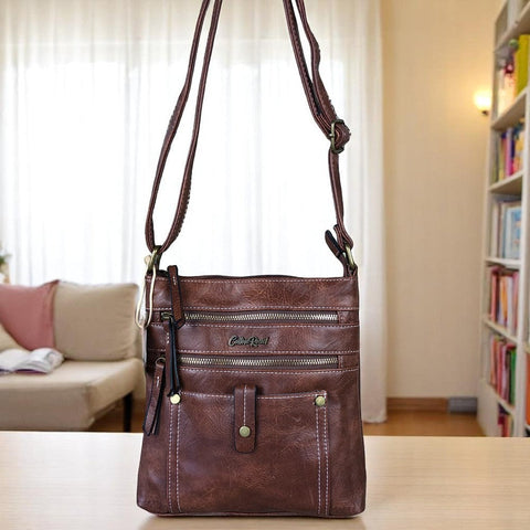 Cotton Road Sling Bag: BROWN PU Leather Sling Bag with Metal Zips