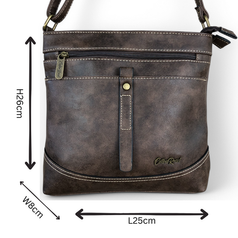 Cotton Road Sling Bag: BROWN PU Leather Sling Bag with STRAP detailing