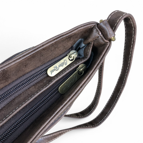Cotton Road Sling Bag: BROWN PU Leather Sling Bag with STRAP detailing