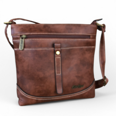 Cotton Road Sling Bag: BROWN PU Leather Sling Bag with STRAP detailing