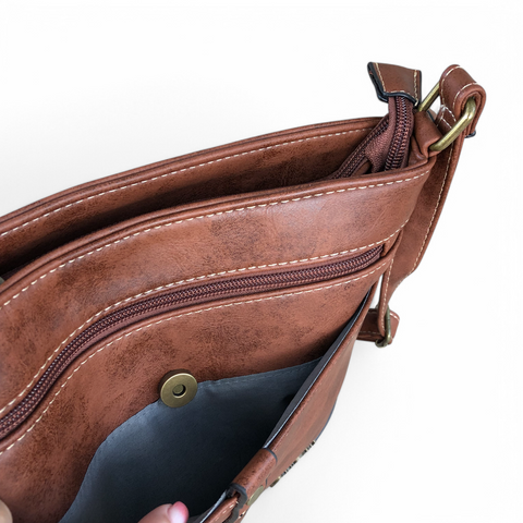 Cotton Road Sling Bag: BROWN PU Leather Sling Bag with STRAP detailing