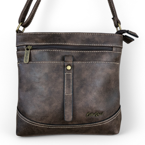 Cotton Road Sling Bag: BROWN PU Leather Sling Bag with STRAP detailing