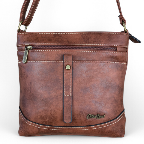 Cotton Road Sling Bag: BROWN PU Leather Sling Bag with STRAP detailing