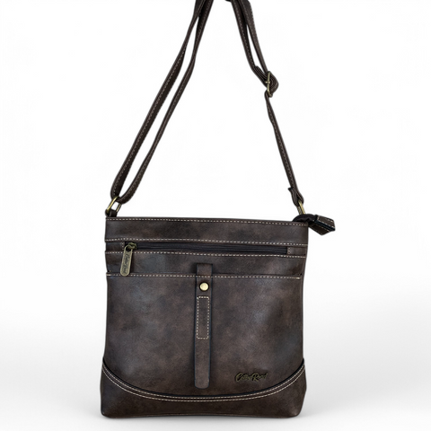 Cotton Road Sling Bag: BROWN PU Leather Sling Bag with STRAP detailing