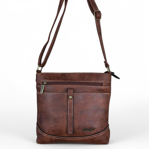 Cotton Road Sling Bag: BROWN PU Leather Sling Bag with STRAP detailing
