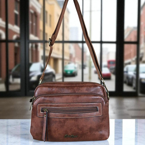 Cotton Road Sling Bag: BROWN PU Leather Sling Bag