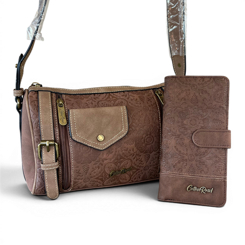 Cotton Road Sling Bag: BROWN PU Leather with BRANDED Strap with Matching Wallet