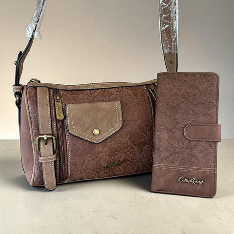 Cotton Road Sling Bag: BROWN PU Leather with BRANDED Strap with Matching Wallet