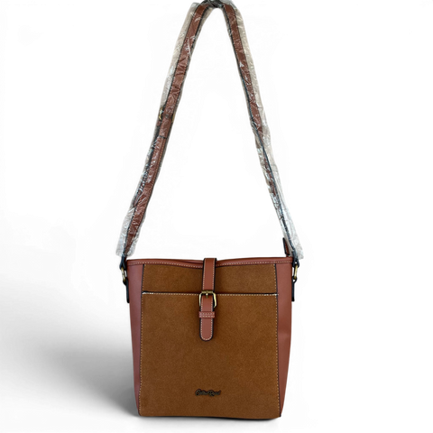 Cotton Road Sling Bag: BROWN PU Leather with Buckle Clip Design