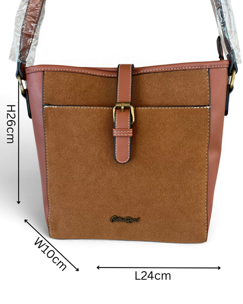 Cotton Road Sling Bag: BROWN PU Leather with Buckle Clip Design