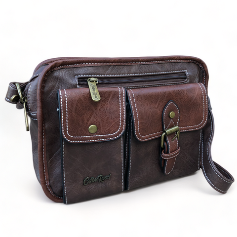 Cotton Road Sling Bag: BROWN PU Leather with Buckle detailing
