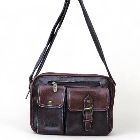 Cotton Road Sling Bag: BROWN PU Leather with Buckle detailing