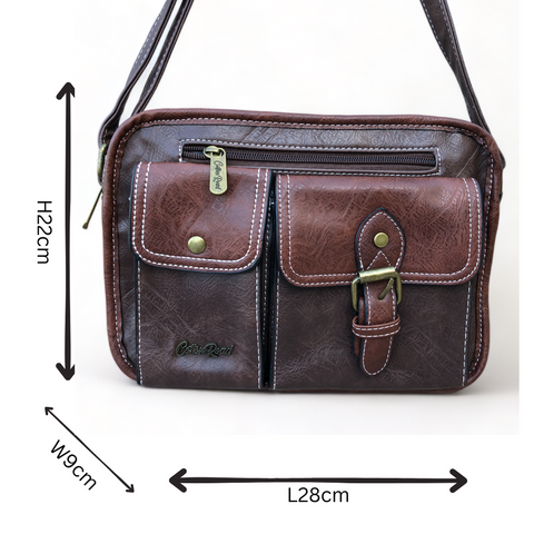 Cotton Road Sling Bag: BROWN PU Leather with Buckle detailing
