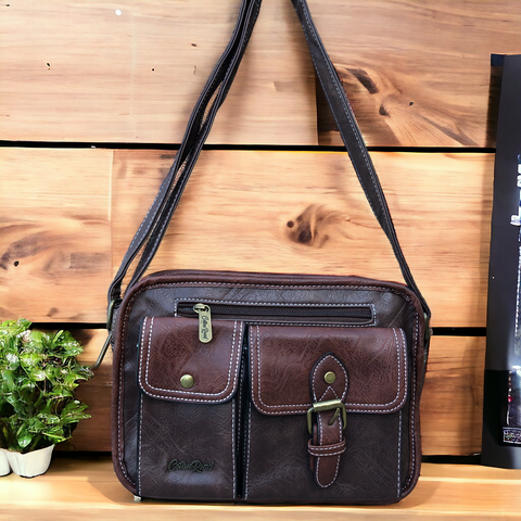 Cotton Road Sling Bag: BROWN PU Leather with Buckle detailing