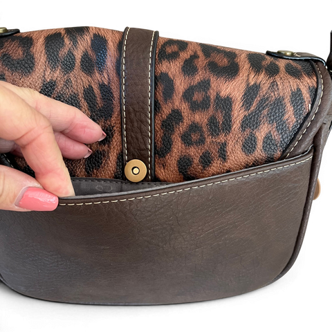 Cotton Road Sling Bag: BROWN PU Leather with LEOPARD Print Flap