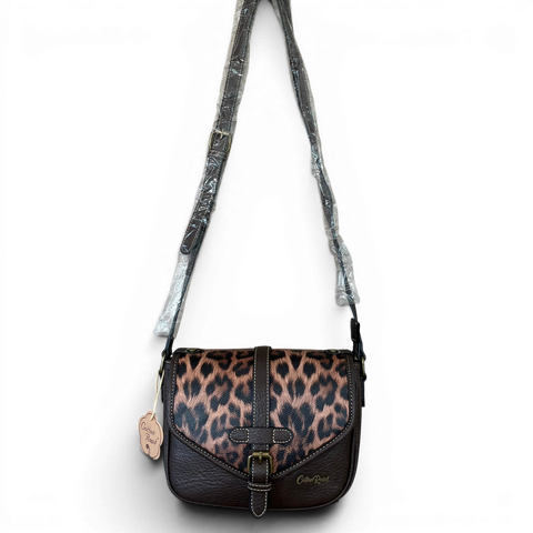 Cotton Road Sling Bag: BROWN PU Leather with LEOPARD Print Flap